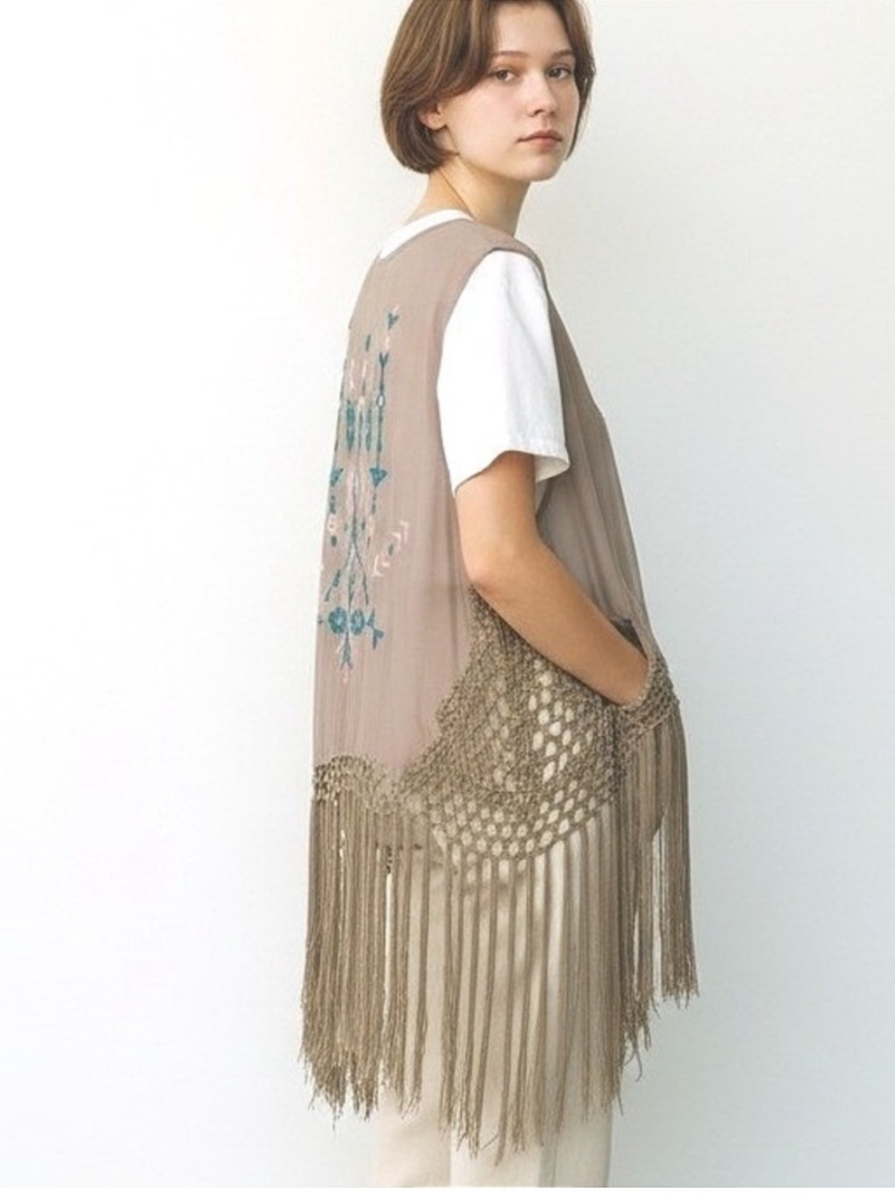 Boho Fringe Crochet Aztec Vest in Taupe